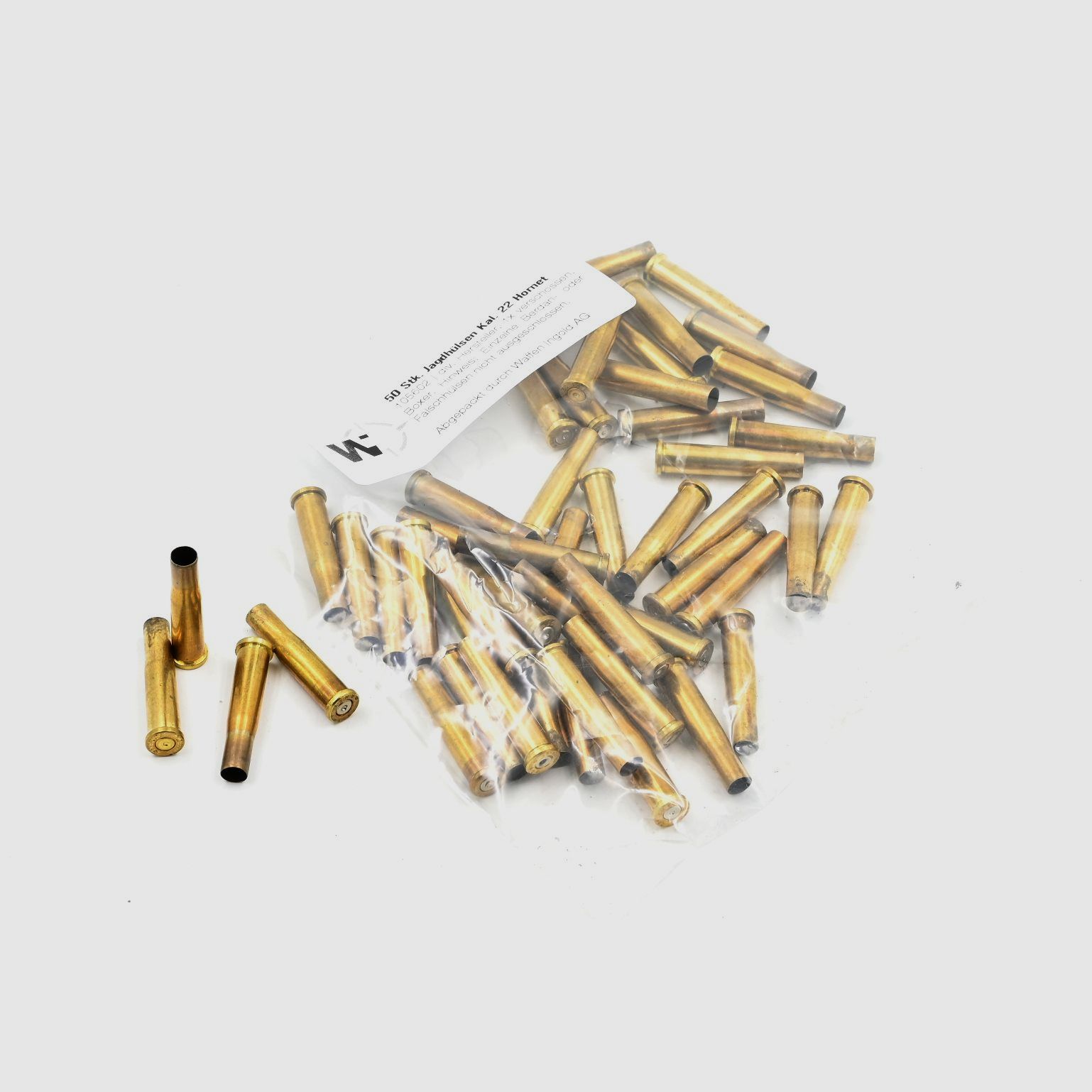 Jagdhülsen div. Hersteller .22 Hornet, 50 Stk., Boxer, 1x verschossen