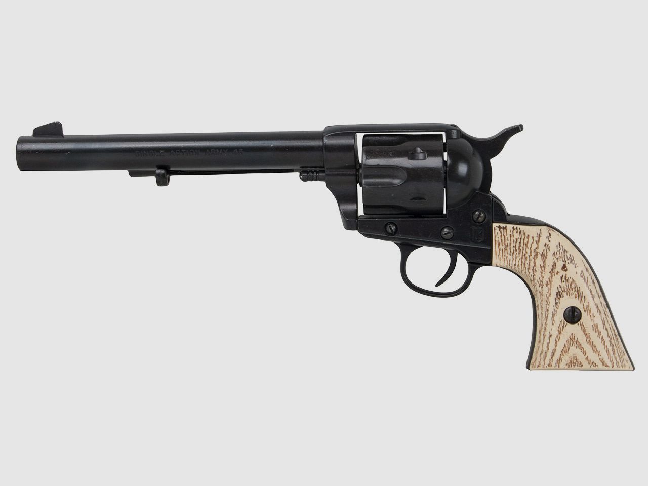 Deko Revolver US Kavallerierevolver Kolser Colt SAA .45 Peacemaker USA 1873 6,8 Zoll schwarz weiĂźe Kunststoffgriffaschalen