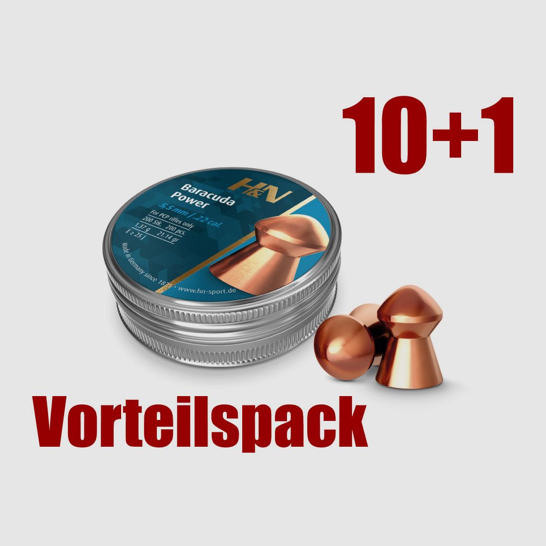 Vorteilspack 10+1 Rundkopf Diabolos H&N Baracuda Power Kaliber 5,5 mm 1,37 g glatt verkupfert 11 x 200 StĂĽck
