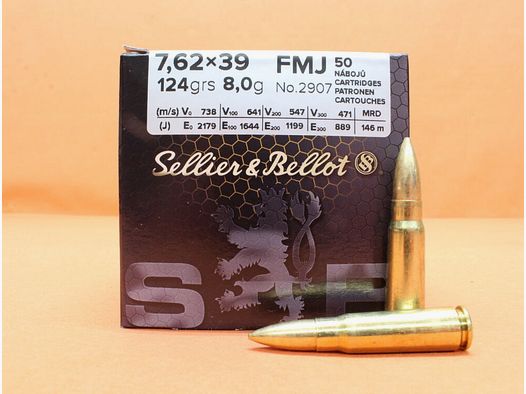 Sellier & Bellot Patrone 7,62x39 S&B/ Sellier&Bellot 123grs FMJ (2907) VE 50 Patronen/ 8,0g Vollmantel