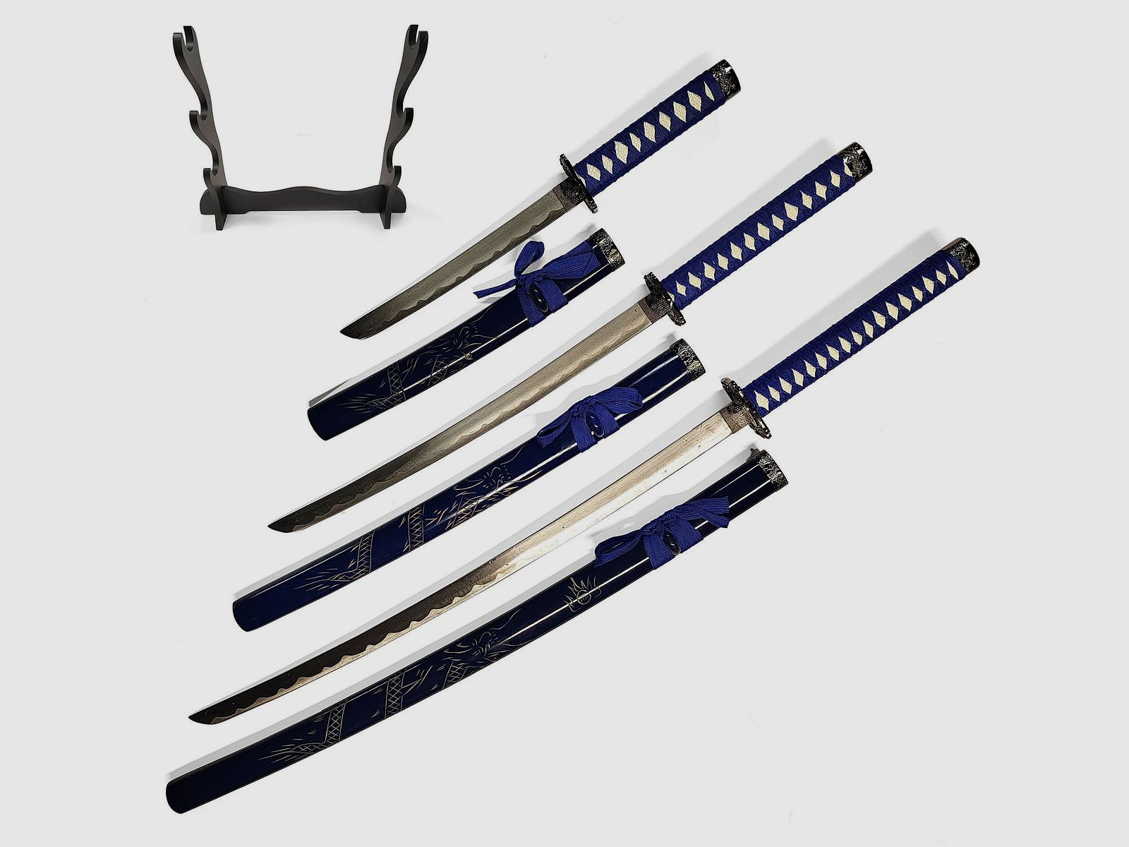 Samurai Schwert 3er Set mit Ständer Blau