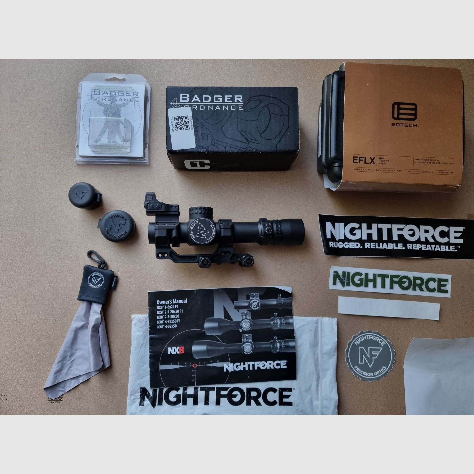 Nachtkraft NX8 1-8x24 MRAD + Eotech EFLX + Badger Ordnance C1 - OPTIEK COMPLEETSET !