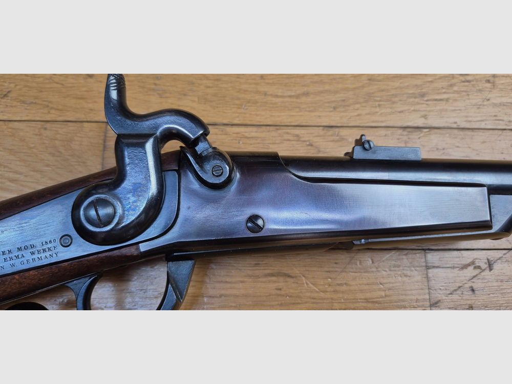 Sehr schöne Gallagher Büchse – Schwarzpulver und Metallpatronen – Kal. .54 – Kavalleriewaffe der Union während des Bürgerkriegs und des Deutsch-Französischen Krieges von 1870-1871 – Seltene Erma-Fertigung mit Lothar Walther Lauf für Navy Arms – Sehr seltene Waffe von 1978 in ausgezeichnetem Zustand – TBE ++, Bild 7 von 35