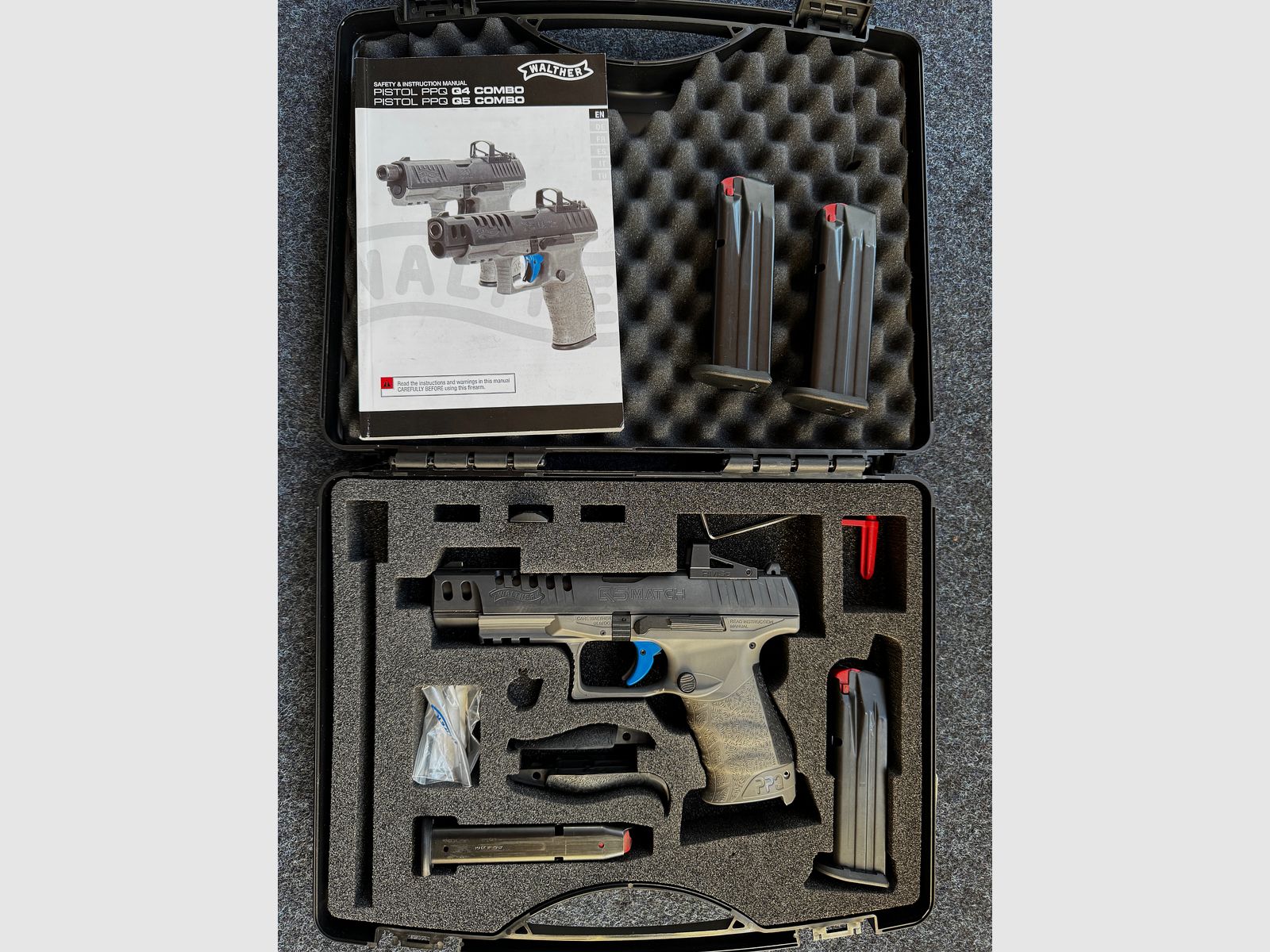 Walther PPQ Q5 Match (9×19 mm) — rama polimerowa • 4 magazynki • walizka + pełne akcesoria • zamontowany celownik punktowy Walther RMS C