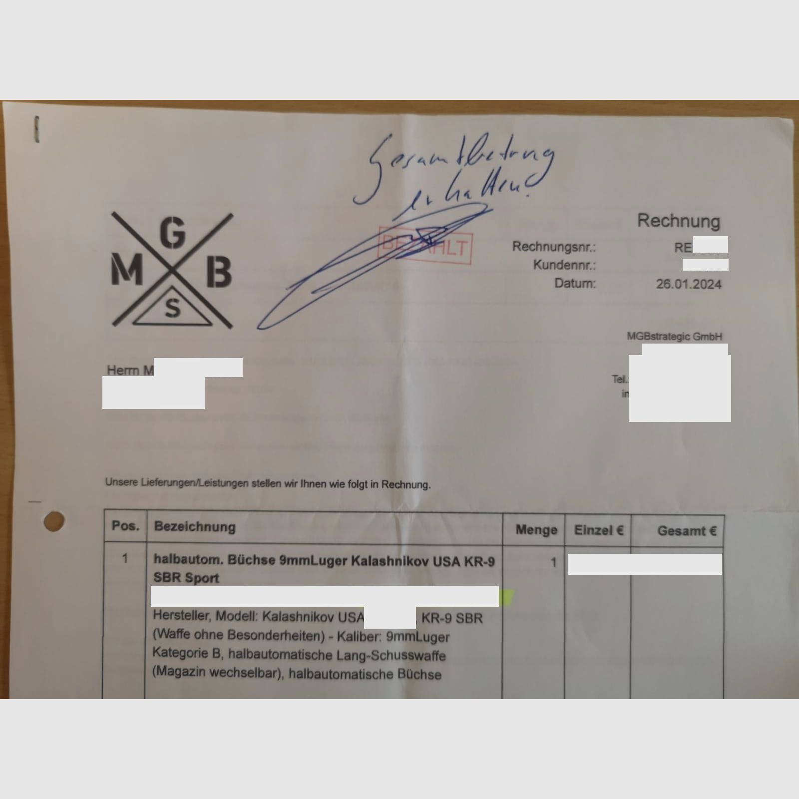 Kalaschnikov USA - KR-9 SBR Sport, carabine semi-automatique en calibre 9mm Luger, PCC, avec 6 chargeurs, mallette et certificat BKA, état d'origine - Limité