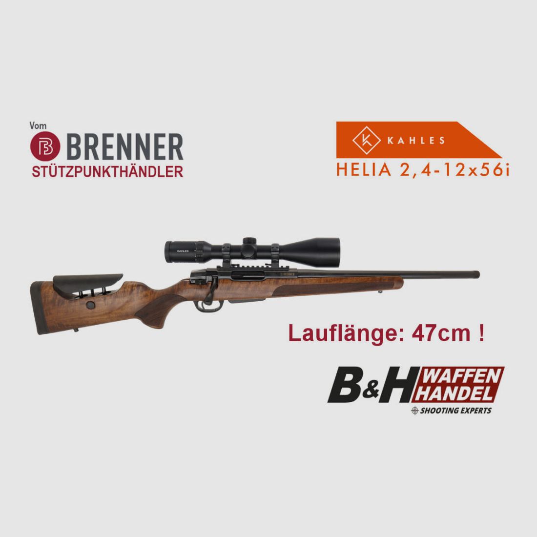 Brenner Komplettpaket: Repetierbüchse BR20 L.E. (verstellbarer Schaftrücken, LL 47cm) mit Kahles Helia 2.4-12x56i Komplettset