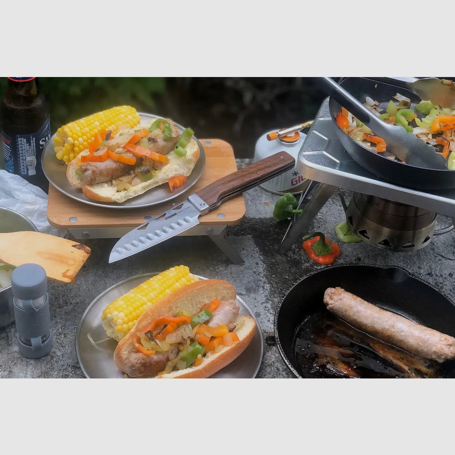 nCamp Elite Santoku-Style Food Prep Knife (Damastklinge/Walnussholzgriff) mit Lederetui