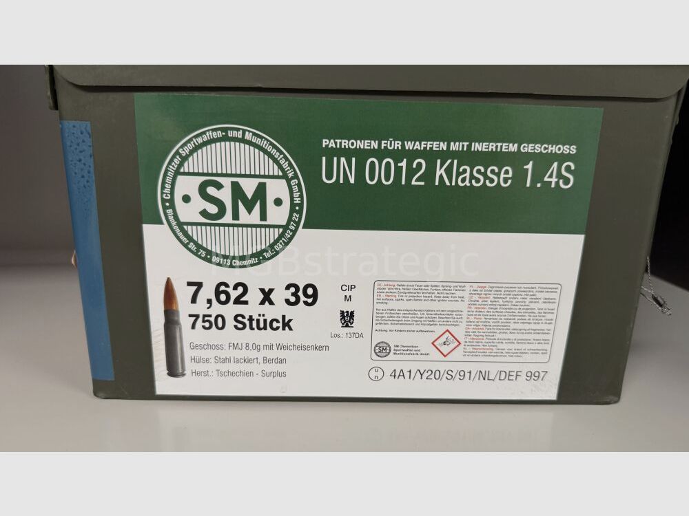 7.62 x 39 Surplus Cartridges - BXM-SM Manufacturer BXN Country of Origin Czech Republic, lacquered steel case Berdan, bullet 8.0 gr. soft core, packed in 750 cartridges in M2A1 ammunition box with CIP