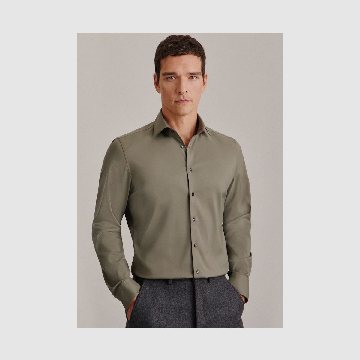 Chemise en twill performance SEIDENSTICKER en slim avec col Kent vert