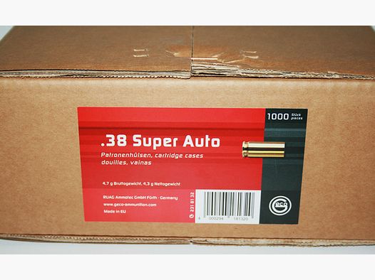 1.000 Stück NEUE GECO Wiederladerhülsen .38 SUPER AUTO (Boxerzündung) verpackt 1000er Box #2318132