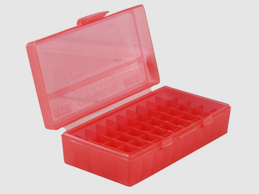 MTM scatola per cartucce P50-45-29 rossa trasparente con coperchio a ribalta per 50 cartucce .45 ACP e altre.