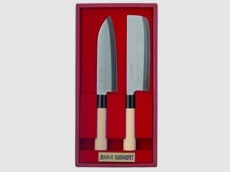 Set di coltelli da cucina giapponesi a 2 pezzi, manici in legno, morsetti in plastica