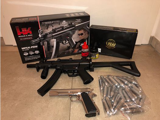 2 CO2 Waffen —  (1x KLI M1911-A1 Vollmetall & 1x Heckler und Koch MP5 K-PDW)