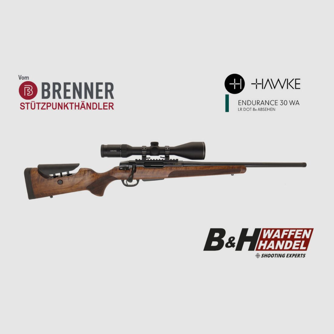 Brenner Komplettpaket: BR20 L.E. (Nussbaum, verstellbarer Schaftrücken) mit Hawke Endurance 3-12x56