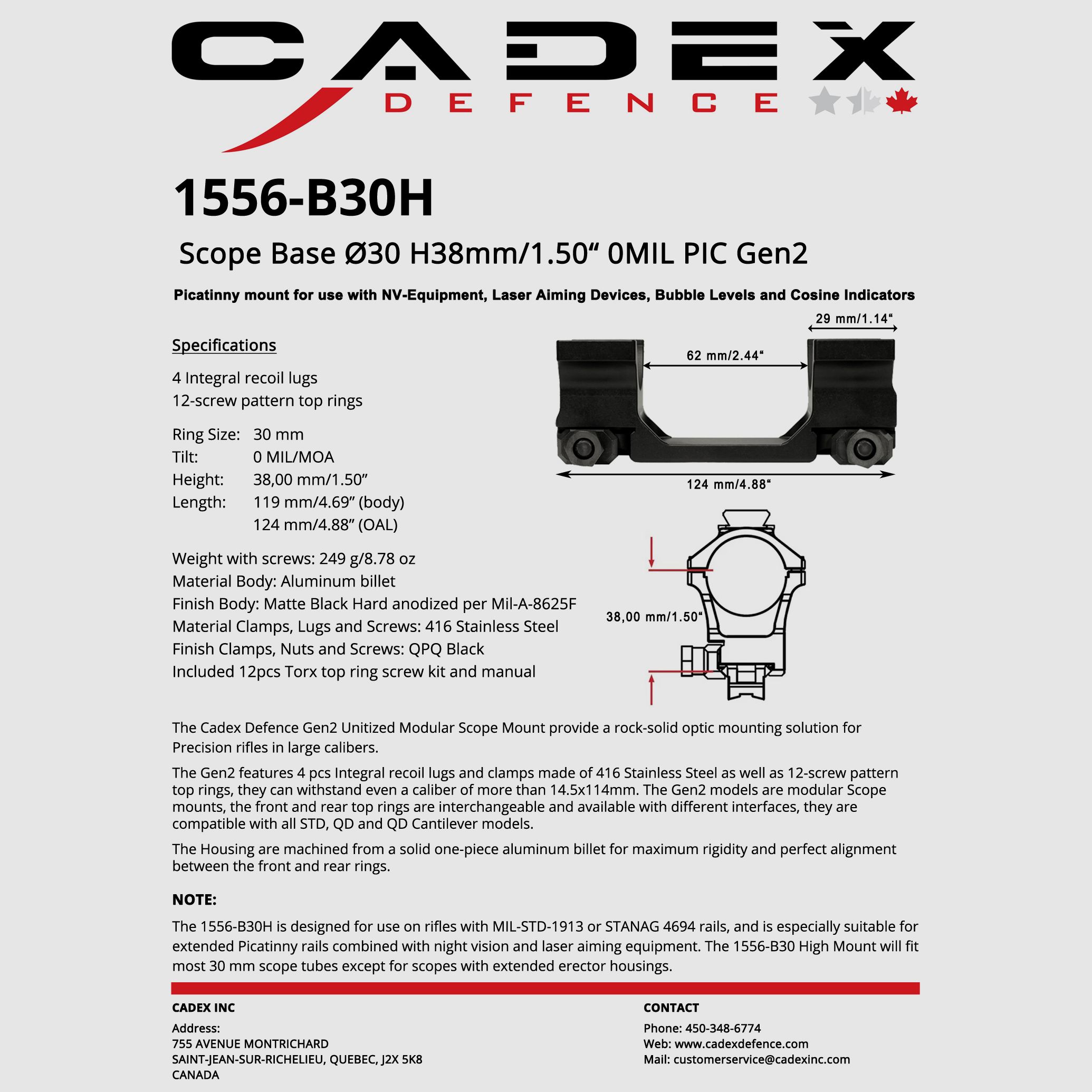 CADEX DEFENCE Unitized Scope Base Ø30 H38mm 0MIL PIC Gen2, image 3 of 4