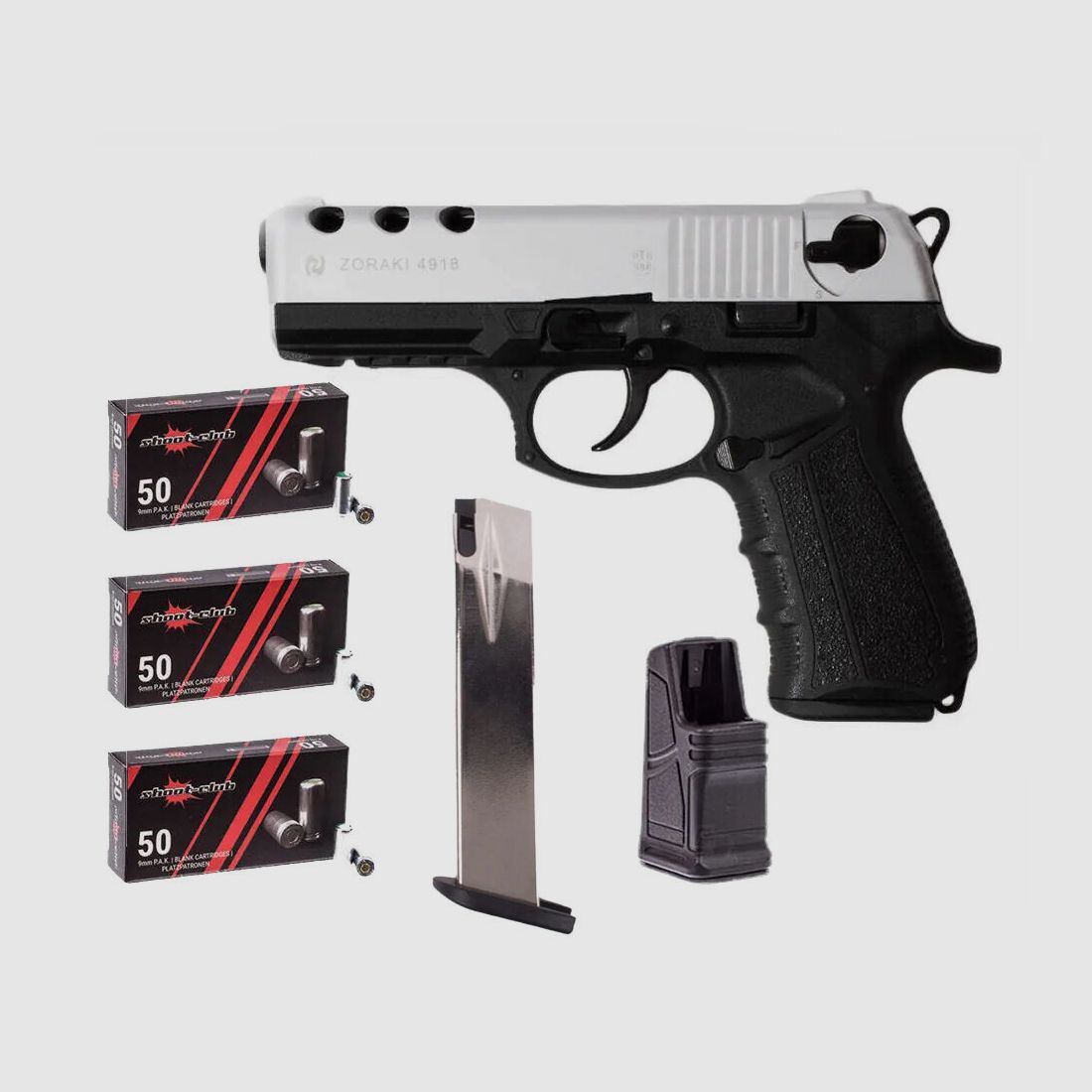 Zoraki	 Zoraki 4918 Matt Chrom 9 mm P.A.K. Platzpatronen-Set