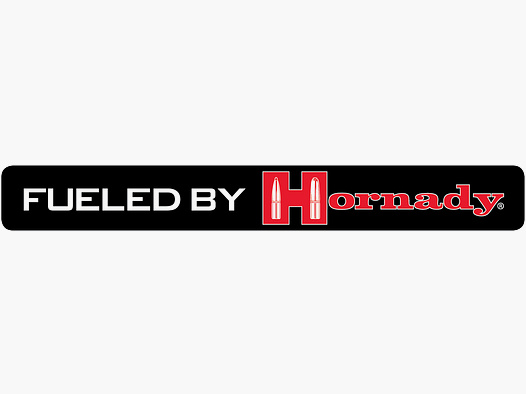 Hornady "Fueled By Hornady" Aufkleber – Schwarz/Rot – ca. 14,3×1,7 cm