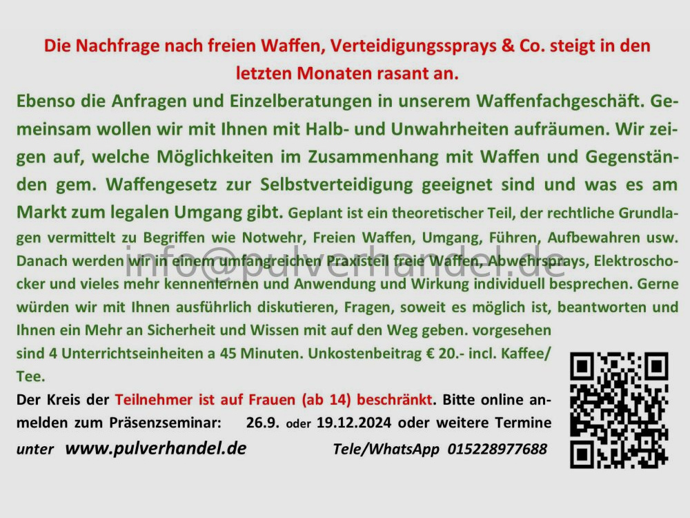 Selbstschutzseminar für Frauen	 Seminar Schulung Lehrgang Freie Waffen und Gegenstände