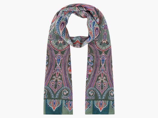 Écharpe motif olive coloré avec motif paisley expressif en pur twill de soie