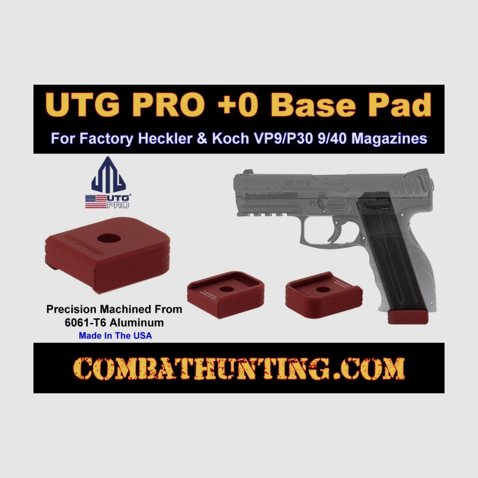 UTG PRO +0 Base Pad, HK VP9/P30 9/40, Matte Red Aluminum