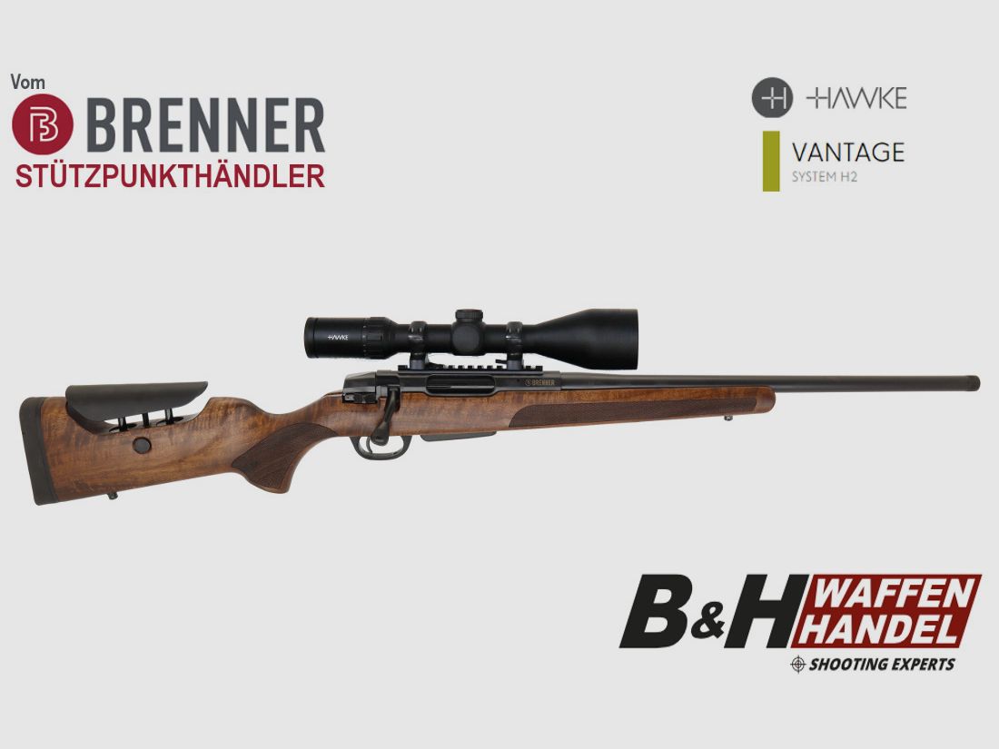 Brenner Komplettpaket: BR20 L.E. (Nussbaum, verstellbarer Schaftrücken) mit Hawke 3-12x56, Bild 1 von 7
