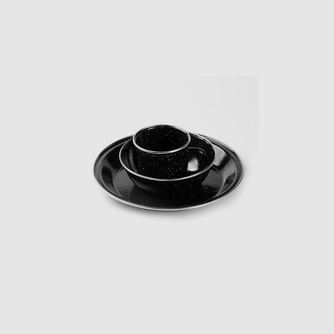 Kleines Emaille Camping-Geschirr-Set 3tlg in Schwarz - Tasse + Teller + Schüssel