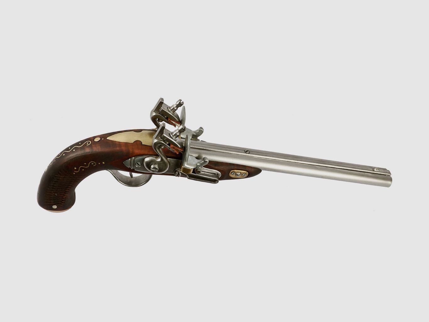 EinzelstĂĽck handgefertigte Deko Steinschloss Vorderladerpistole doppellĂ¤ufig LĂ¤nge 46 cm