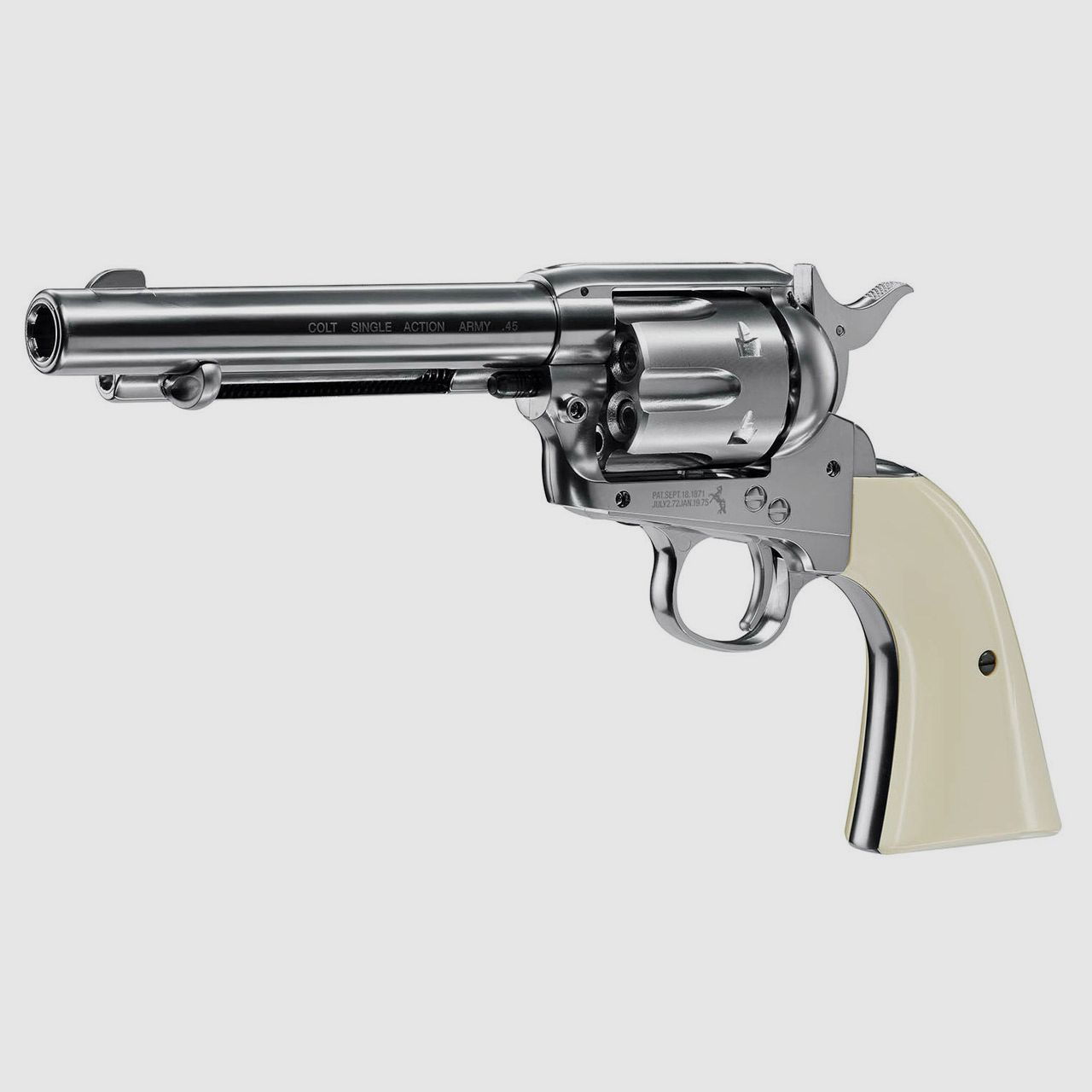 CO2 Revolver Colt Single Action Army SAA .45 5.5 Zoll Nickel Finish weiĂźe Griffschalen Kaliber 4,5 mm BB (P18)+ Stahlrundkugeln CO2 Kapsel