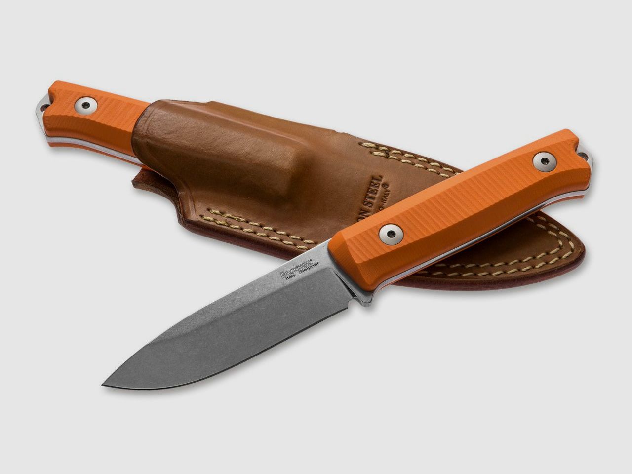 B40 G10 Orange Bushcraft knife brown leather sheath