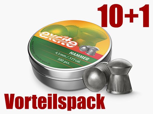 10+1 GRATIS x 500 StĂĽck H&N Excite Hammer Diabolo, Rundkopf, geriffelt, 0,51 g, 7.87 gr, Kaliber 4,5 mm