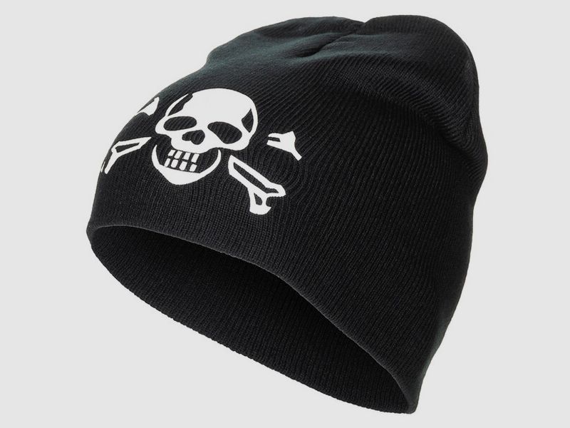 Strickmütze Schwarz mit Totenkopf - Unigröße - Beanie fein gestrickt