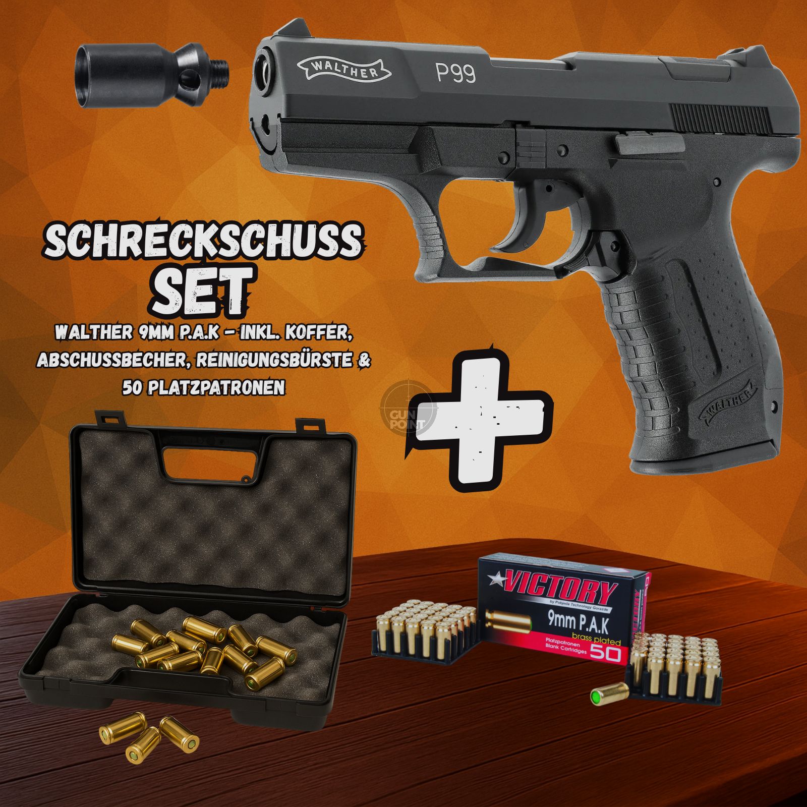 Schreckschuss SET - Gas Signal Pistole - Walther P 99 - 9 mm P.A.K. inkl. Koffer & 50 Schuss Munition