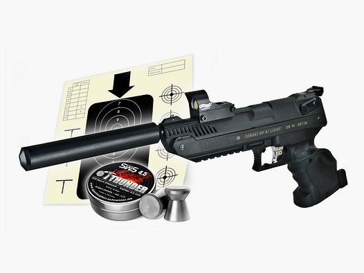 Vorkompressions Luftpistole Zoraki HP-01 fĂĽr RechtshĂ¤nder Kaliber 4,5 mm (P18) + Red Dot SchalldĂ¤mpfer Diabolos Zielscheiben