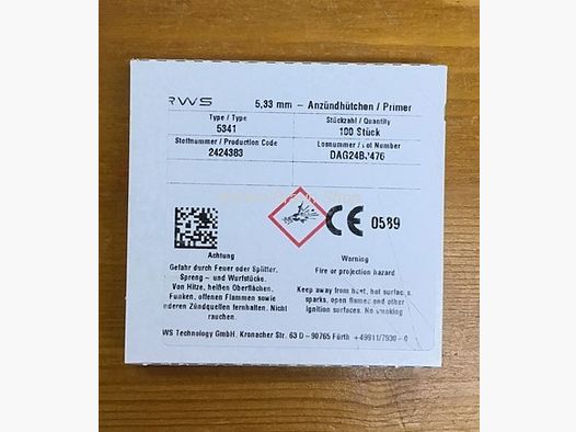 RWS cápsulas de percusión para cartuchos de rifle de gran calibre, 5,33 mm, 5341 100 piezas