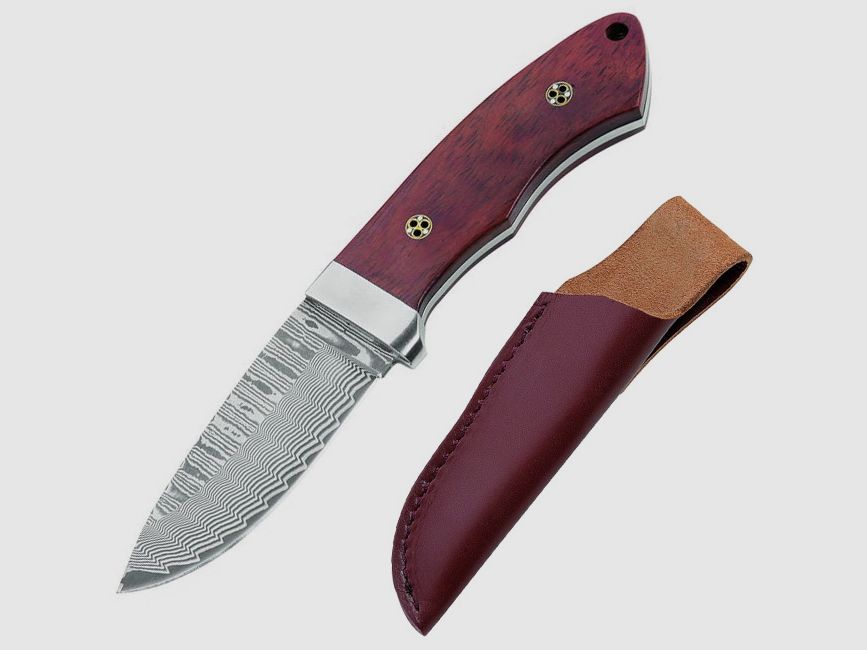 Damascus knife, 71 layers, rosewood, mosaic pins, leather sheath