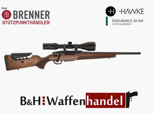Brenner Komplettpaket:	 BR20 L.E. (Nussbaum, verstellbarer Schaftrücken) mit Hawke Endurance 3-12x56