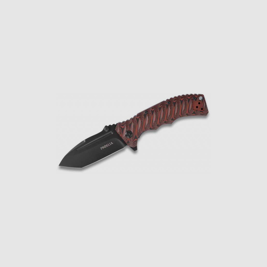 Coltello pieghevole Defcon Proelia Tanto, lama nero opaco, manico rosso e nero