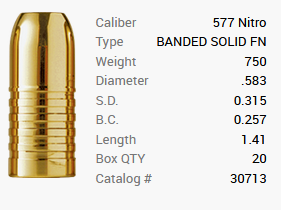 Barnes bullet .583 / .570 Nitro Express 750GR Banded Solid 20 pieces