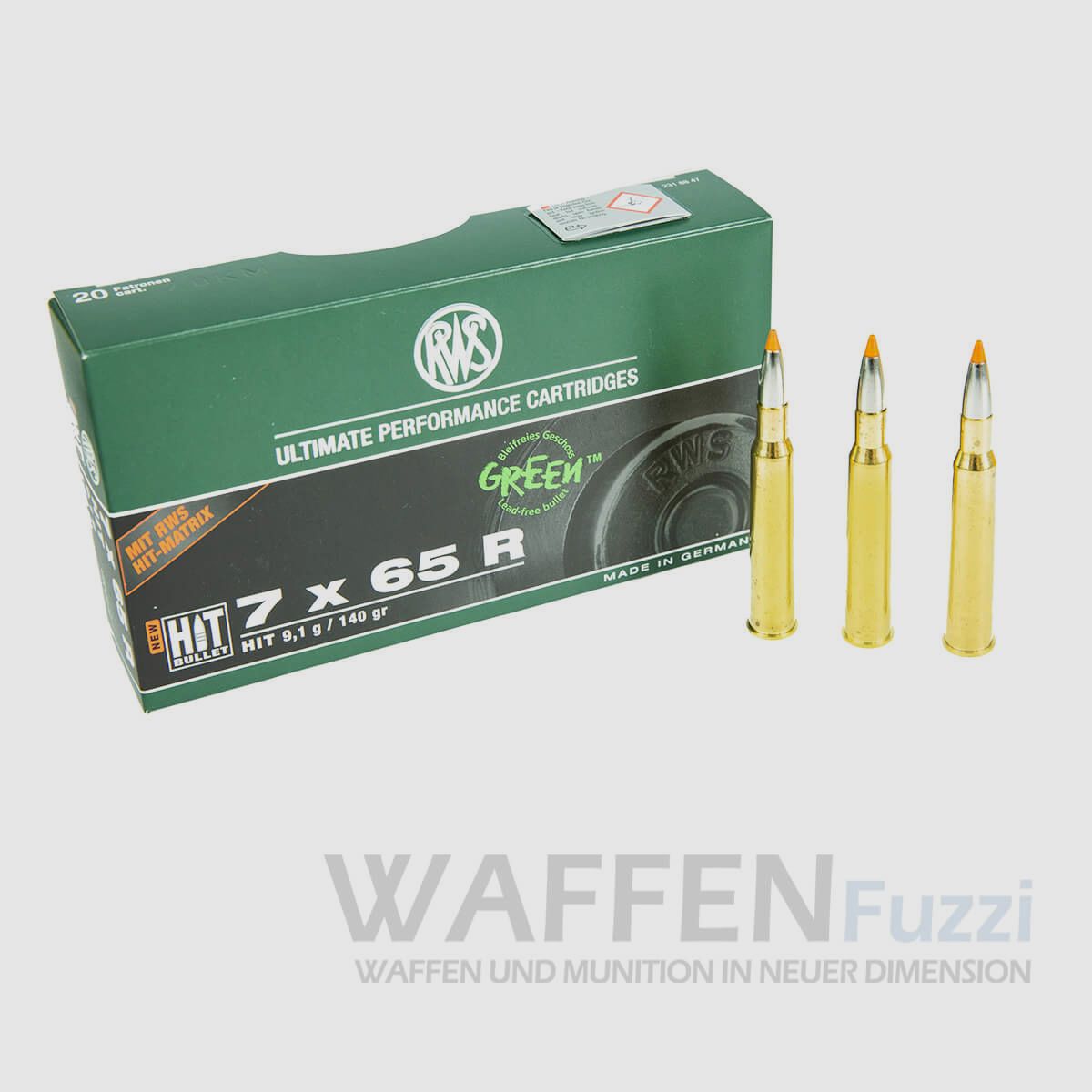 RWS rifle cartridges caliber 7x65R 140grs HIT GREEN