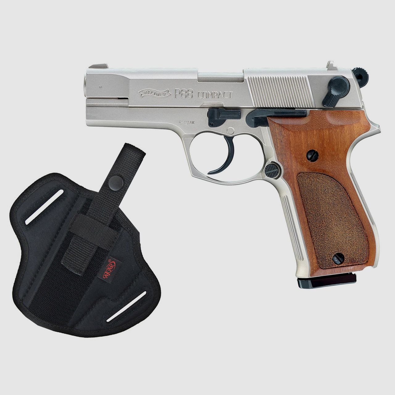 Schreckschuss Pistole Walther P88 Compact nickel Holzgriff Kaliber 9 mm P.A.K. (P18)+ Universalholster