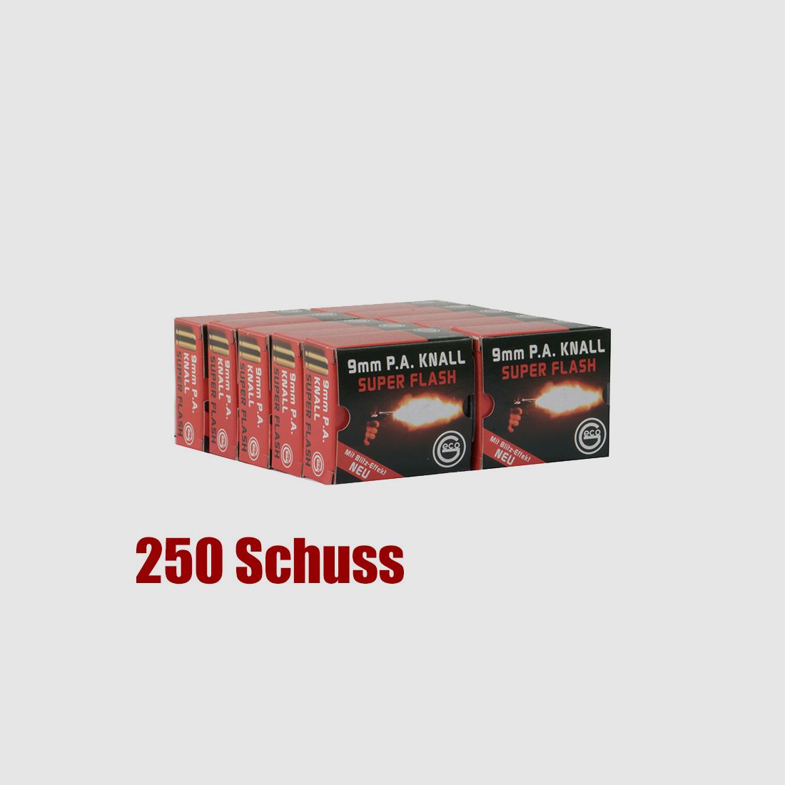 Vorteilspack Platzpatronen Geco Super Flash Kaliber 9 mm P.A. Nitro fĂĽr Pistolen Messing 250 StĂĽck (P18)