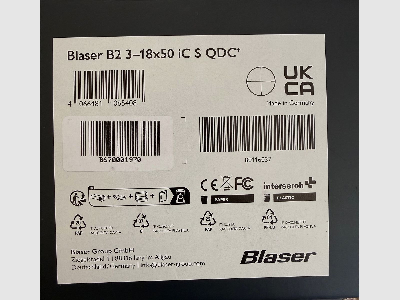 Blaser B2 3-18x50 IC S QDC - with ballistic turret and rail