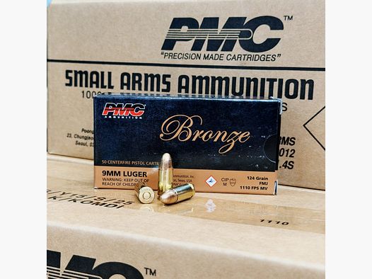 PMC 9mmLuger FMJ (Vollmantel) 8,0g 124grs - 269,00€ per 1000 Schuss!