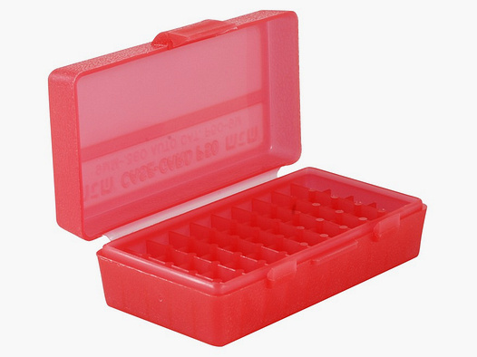 MTM scatola per cartucce P50-9M-29 rossa trasparente con coperchio a ribalta per 50 cartucce 9mm e altro.