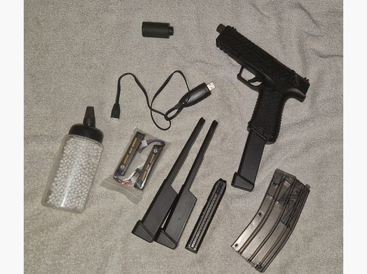 Begadi Cyma CM127 Gen5 (Mosfet, ETU und Tracergewinde) mit 2 Akkus, Ladekabel, Big Speedloader, 3 80BBs Magazinen UND einem Tracer