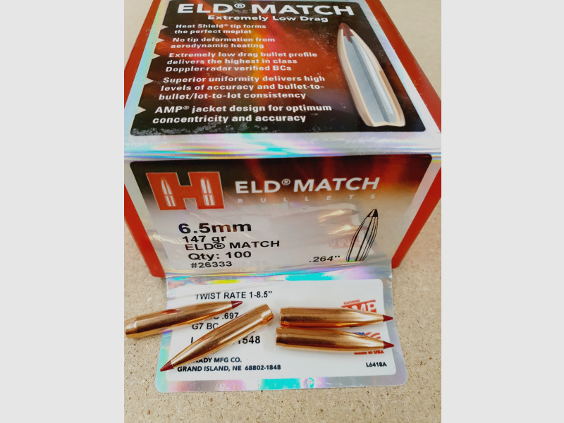 6,5/147grs ELD Match Hornady No. 26333 Geschosse 100 Stk.