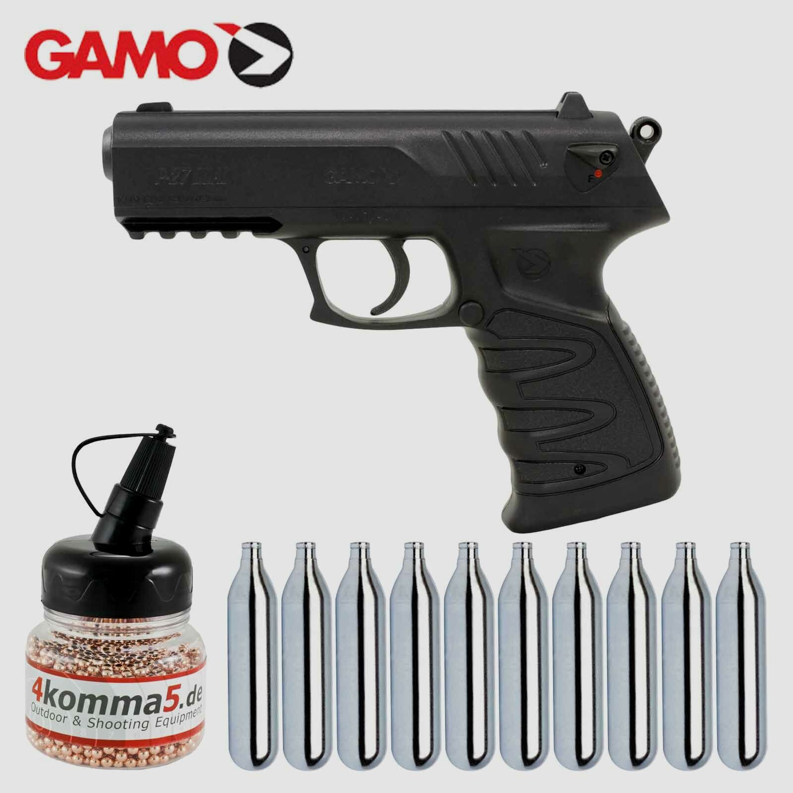 Komplettset Gamo P-27 Co2-Pistole 4,5 mm Diabolo / Stahl BB (P18) + 10 Co2-Kapseln + 1500 Stahl-BB's 4komma5