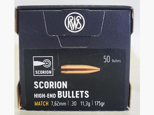 50 Stück NEUE RWS Geschosse SCORION (neu 2021) Match Geschosse HP .30 / .308 - 175grs 11,3g Hohlspit