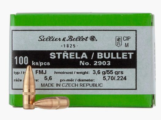 Sellier & Bellot Projectiles .223/.224 5,6mm FMJ 55GR 100 pièces