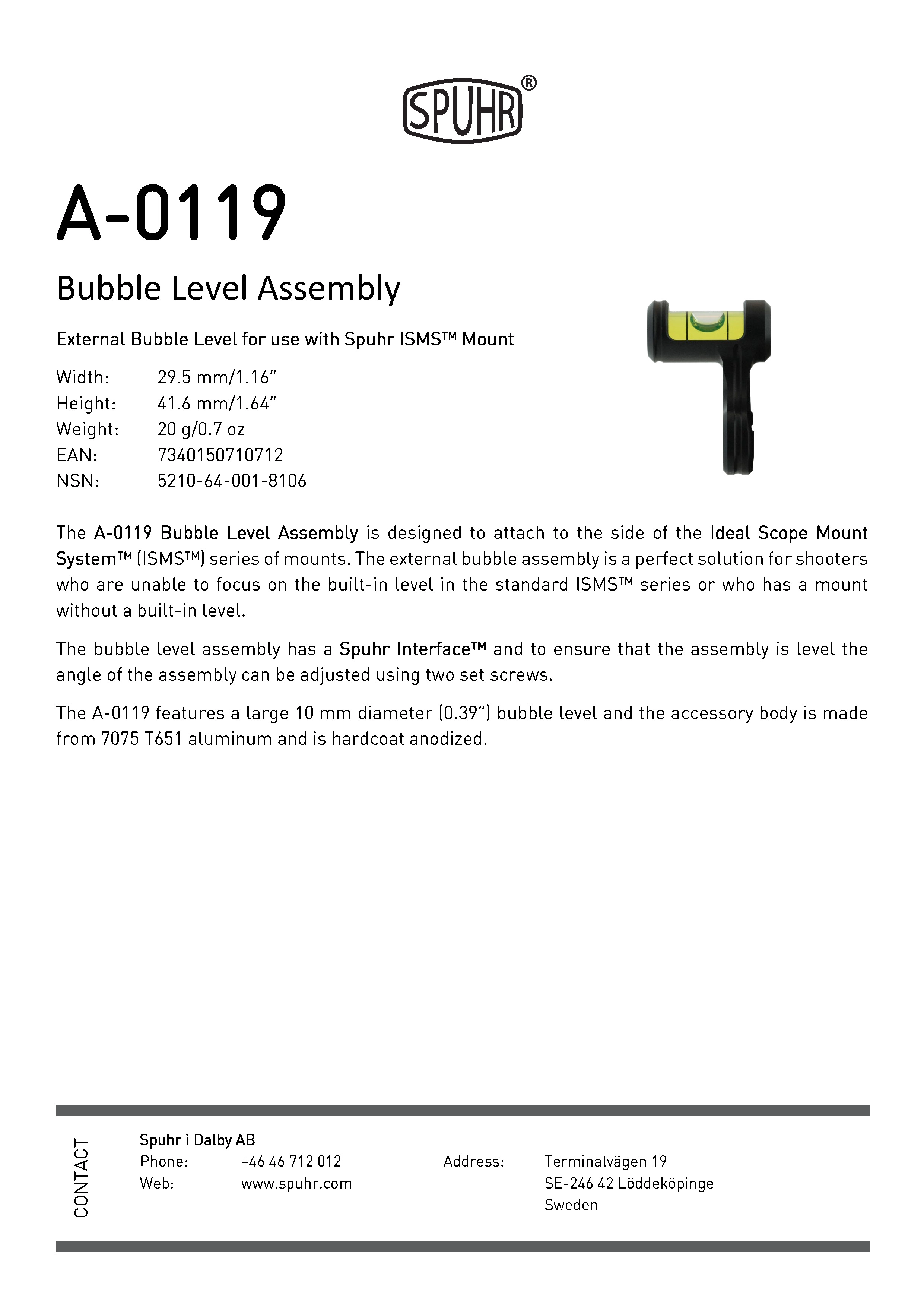 SPUHR A-0119 Scope Mount Bubble Level Assembly, Bild 5 von 5